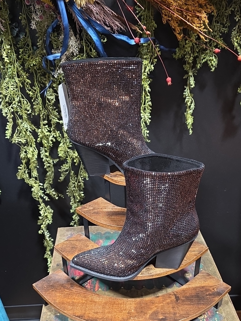 NEW! BEAST FASHION Brown Glitter Pointed Toe Ankle Boots